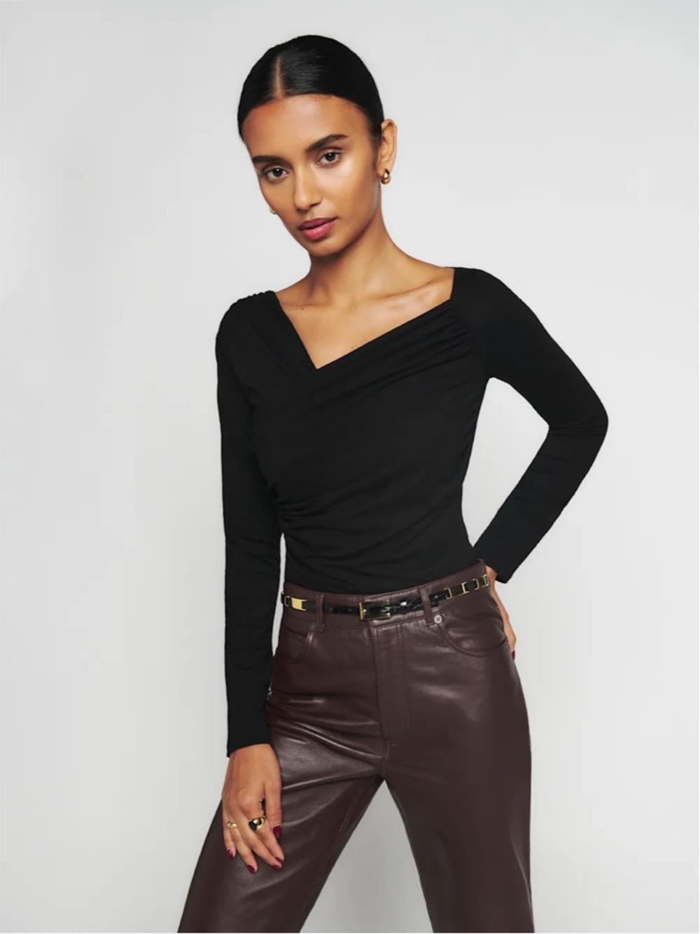 Reformation Black Long-Sleeve Twist V-Neck Top